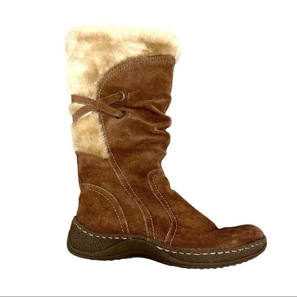 BARETRAPS Eventura Moccasin Style Suede Winter Boots Faux Fur Boho Brown Cream 7 - Picture 1 of 11